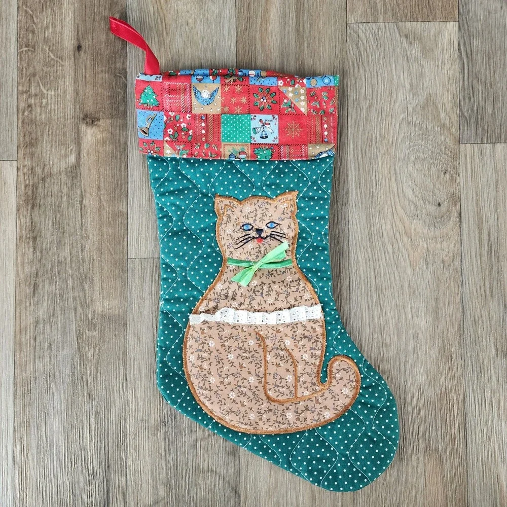 Handmade Quilted Christmas Stocking Calico Cat Applique Teal Green Patchwork 15